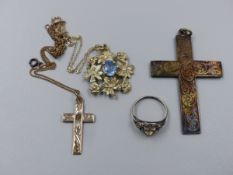 A HALLMARKED SILVER ENGRAVED LARGE CROSS PENDANT, 6cms INCLUDING BAIL, A SMALLER SILVER CROSS AND
