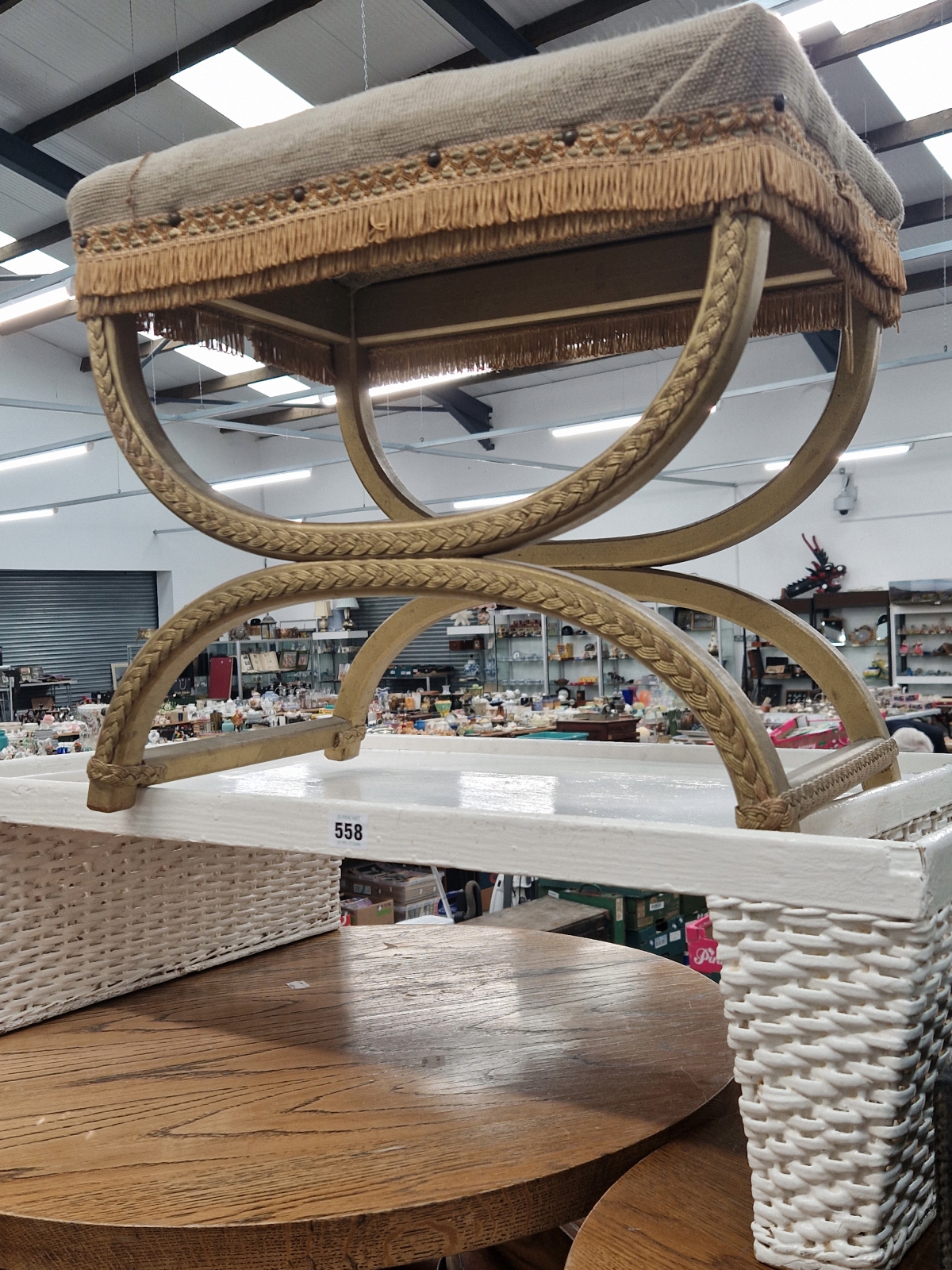 A BASKET WORK BED TRAY AND A STOOL WITH A FLORAL NEEDLE WORK SEAT