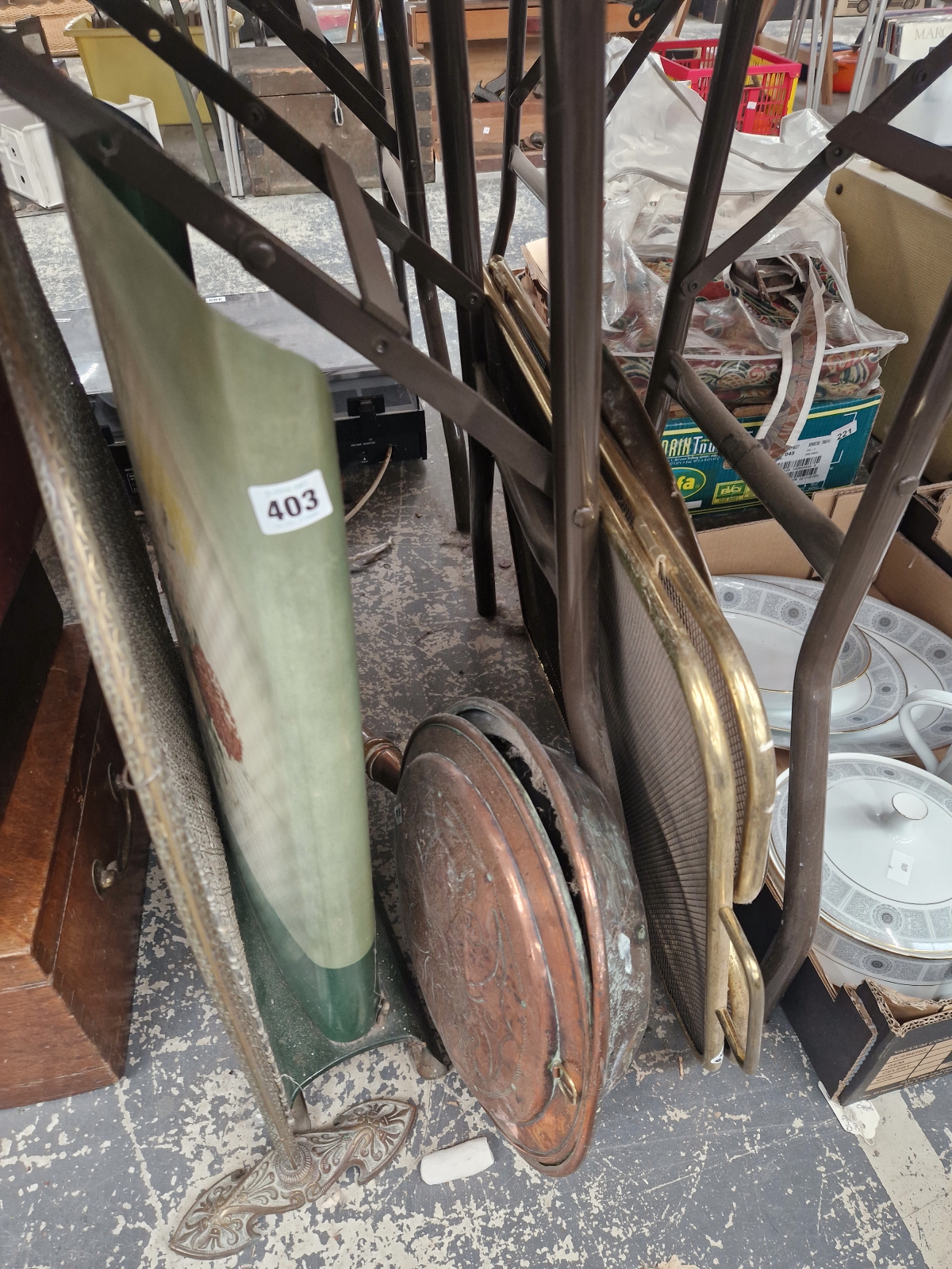 TWO BRASS FIRES SCREENS, ANOTHER PAINTED A BRASS DISH AND A COPPER WARMING PAN