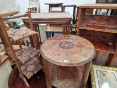 AN ORIENTAL HARDWOOD CARVED NEST OF 4 TABLES, A FOLDING CAKE STAND, A SMALL BOOKCASE AND AN
