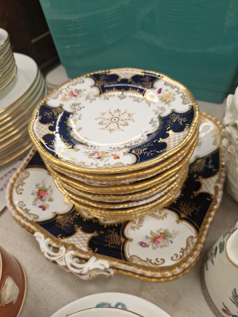 ADDERLEY, COALPORT AND SPODE TEA WARES, FISH DECORATED PLATES, SARREGUEMINES FRUIT PLATES, ETC. - Image 6 of 13