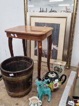A BRASS COOPERED WOOD BUCKET, A MIRROR, A DUCK PRINT,A MARQUETRY SIDE TABLE, A CLOCK, A TEA POT, A