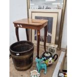 A BRASS COOPERED WOOD BUCKET, A MIRROR, A DUCK PRINT,A MARQUETRY SIDE TABLE, A CLOCK, A TEA POT, A