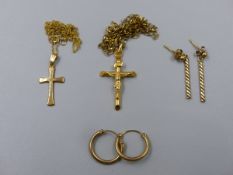 A 9ct HALLMARKED GOLD CRUICIFIX AND BELCHER CHAIN, TOGETHER WITH A CROSS AND CHAIN,UNHALLMARKED,