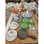 ROYAL COMMEMORATIVES, A COPPER OIL LAMP, A PALOMINO HORSE GROUP, A SILVER BACKED HAND MIRROR AND