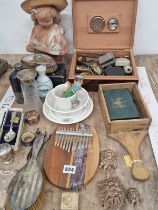 A LADYS AND A GENTS SILVER BACKED HAIR BRUSH, A CIGAR HUMIDOR, A TERRACOTTA BUST, A PINED COLLECTION