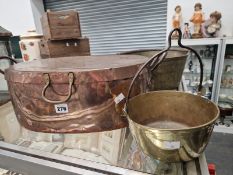 A COPPER FISH KETTLE AND COVER, A CANDLE LANTERN AND TWO BRASS JAM PANS
