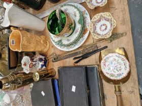 CASED CUTLERY, BRASS WARE, DRESDEN PLATES, ELECTROPLATE EGG CUPS,A COPPER KETTLE, A JAPANESE METAL