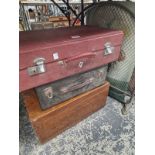 A CASED PICNIC SET, A GRAMOPHONE TURNTABLE AND A MAHOGANY BOX