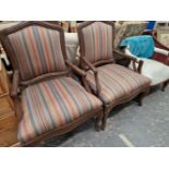 A PAIR OF CONTINENTAL LARGE SALON ARM CHAIRS AND A VICTORIAN TUB CHAIR.