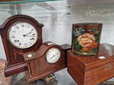 TWO MAHOGANY CASED MANTEL CLOCKS, A MAHOGANY BOX AND AN OVAL SECTION BOX PAINTED WITH FLOWERS