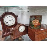 TWO MAHOGANY CASED MANTEL CLOCKS, A MAHOGANY BOX AND AN OVAL SECTION BOX PAINTED WITH FLOWERS