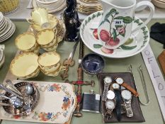 A PORTMEIRION JUG AND BOWL, A YELLOW GROUND PART TEA SET, WRISTWATCHES, TWO KNIVES, ETC.