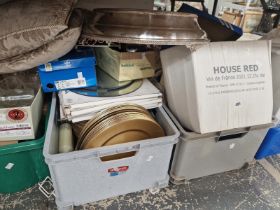 AN ELECTROPLATE CAKE PLATEAU, DUNELM GILT PLATES, GLASS TUMBLERS, ELECTROPLATE FLOWER BASKETS, ETC.