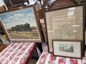 AN OIL ON BOARD STUDY OF GWR STEAM LOCOMOTIVE TOGETHER WITH TWO ENGRAVINGS.