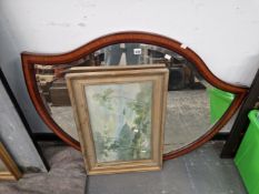 AN EDWARDIAN SATIN WOOD BANDED MAHOGANY FRAMED SHIELD SHAPED MIRROR TOGETHER WITH A PRINTED