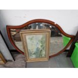 AN EDWARDIAN SATIN WOOD BANDED MAHOGANY FRAMED SHIELD SHAPED MIRROR TOGETHER WITH A PRINTED