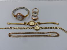 A GROUP OF 9ct HALLMARKED AND OTHER GOLD JEWELLERY TO INCLUDE THREE LADIES WRISTWATCHES, TWO WITH