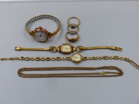 A GROUP OF 9ct HALLMARKED AND OTHER GOLD JEWELLERY TO INCLUDE THREE LADIES WRISTWATCHES, TWO WITH