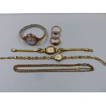 A GROUP OF 9ct HALLMARKED AND OTHER GOLD JEWELLERY TO INCLUDE THREE LADIES WRISTWATCHES, TWO WITH