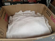 A BOX OF LINEN AND LACE, MAINLY TABLE WARES