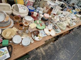 A MAJOLICA DRAGON HANDLED PLANTER, COALPORT, ROSLYN AND OTHER TEA WARES, JUGS VASES AND DECORATIVE