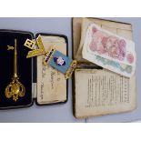 A GILDED CASED KEY, ENGRAVED MAR 1st 1928, OPENED BY MISS E.M. THOMPSON, THE REVERSE WESLEYAN