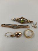 AN ANTIQUE 9ct GOLD STAMPED GEMSET BROOCH, SIGNED A.J.H, WEIGHT 1.81grms, TOGETHER WITH A FURTHER