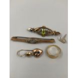 AN ANTIQUE 9ct GOLD STAMPED GEMSET BROOCH, SIGNED A.J.H, WEIGHT 1.81grms, TOGETHER WITH A FURTHER