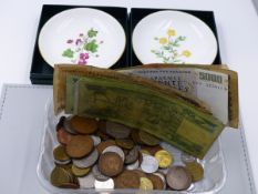 A COLLECTION OF COINS AND BANKNOTES AND TWO SMALL MINTON DISHES.