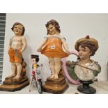 FIGURES OF A BOY AND A GIRL WEARING ORANGE CLOTHING, A BUST OF A CHILD TOGTHER WITH BETTY BOOP