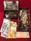 A COLLECTION OF WORLD COINS AND BANK NOTES, ANTIQUE GB PENNIES ETC.