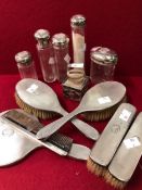 SILVER MOUNTED DRESSING TABLE SET.