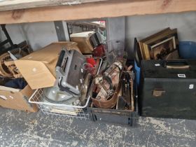 KITCHEN CUTLERY AND UTENSILS TOGETHER WITH SOME LP RECORDS AND PICTURES