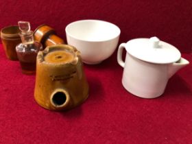 A VICTORIAN INK WELL A MEDICINE BOTTLE IN TUREEN BOX, A BOWL AND A JUG