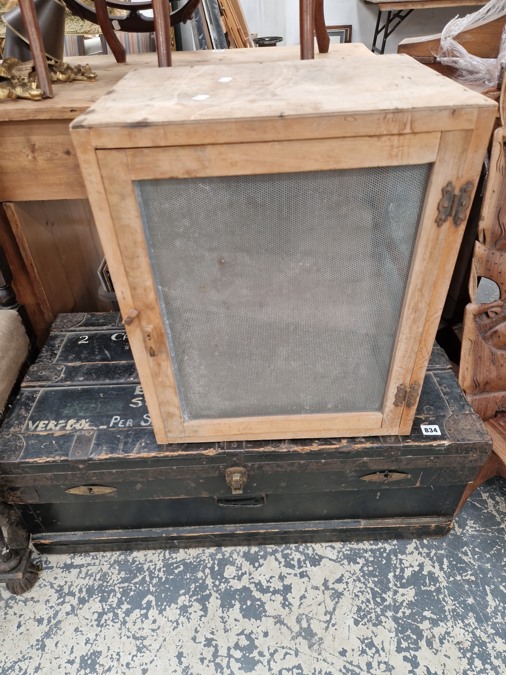 A VINTAGE CABIN TRUNK AND A SMALL MEAT SAFE