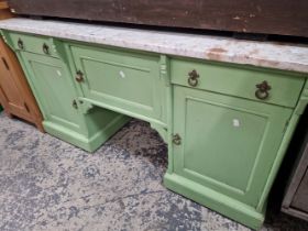 A WHITE MARBLE TOPPED GREEN PAINTED PEDESTAL DESK
