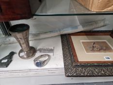 A CHARLES YOUNG 1891 MEMENTO MORI WATER COLOUR, A WRISTWATCH A STONE BIRD, A SILVER PLATED BRONZE