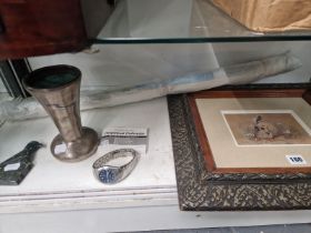 A CHARLES YOUNG 1891 MEMENTO MORI WATER COLOUR, A WRISTWATCH A STONE BIRD, A SILVER PLATED BRONZE