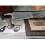 A CHARLES YOUNG 1891 MEMENTO MORI WATER COLOUR, A WRISTWATCH A STONE BIRD, A SILVER PLATED BRONZE