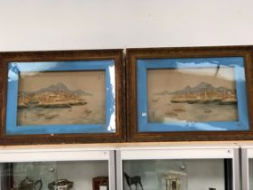 A PAIR OF CHINESE CUT CORK PICTURES OF ISLANDS DEPICTED WITHIN BLUE SLIPS AND GILT FRAMES. 77 x 10