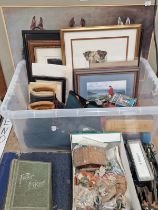 A WATERCOLOUR OF A TERRIER, VARIOUS PRINTS, HIKING BOOTS, FOUNTAIN PENS, POST CARDS, ROSETTES, A