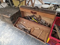 WOOD WORKING TOOLS TOGETHER WITH TWO WOODEN CHESTS