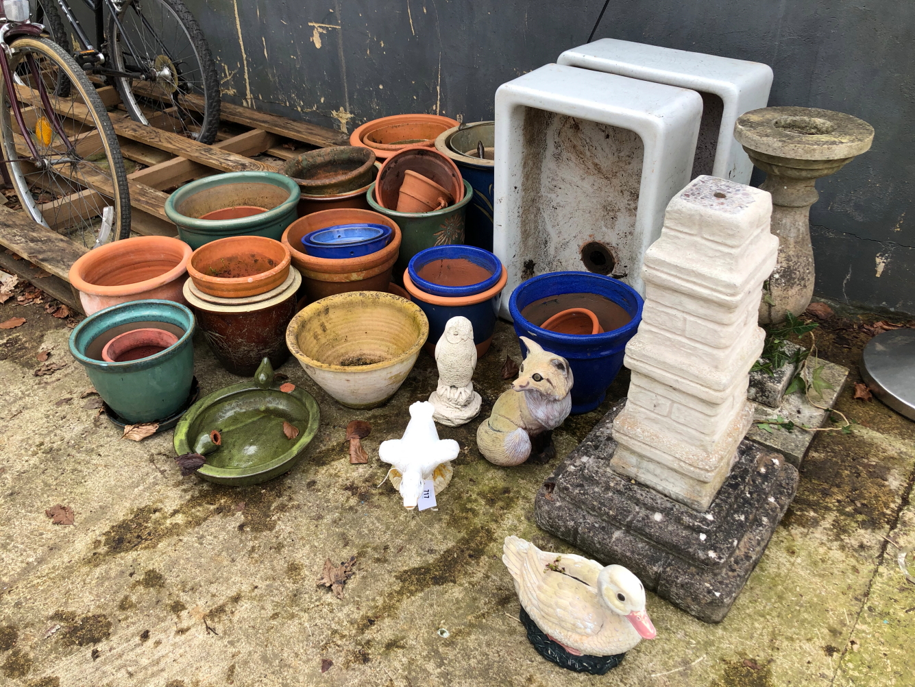 A QUANTITY OF GARDEN POTS, ORNAMENTS, TWO BELFAST SINKS ETC.