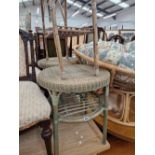 A PAIR OF CIRCULAR BASKET TOPPED COFFEE TABLES TOGETHER WITH A CANE WORK PLANTER TABLE