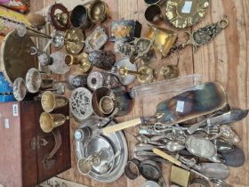 SILVER TOPPED DRESSING TABLE ITEMS, SILVER TEA SPOONS, ELECTROPLATE, BRASS WARE, A WOODEN CASED