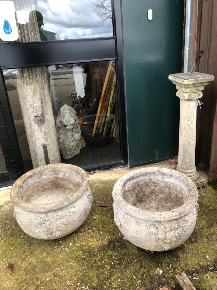 TWO RECONSTITUTED STONE PLANTERS TOGETHER WITH A COLUMN SUNDIAL - Image 2 of 4