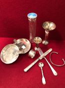 HALLMARKED SILVER TO INCLUDE ASHTRAY, SMALL VASES, CUTLERY, DRESSING TABLE JAR AND A EASTERN