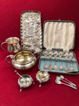 HALLMARKED AND CONTINENTAL SILVER, LARGE PIN TRAY, A SUGAR BOWL, PAIR OF SALT, CHRISTENING CUP ETC.
