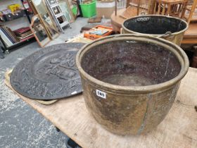 A BRASS PLANTER, A BRASS CYLINDRICAL COAL BUCKET, A BRASS TRAY TOGETHER WITH A METAL DISH WORKED